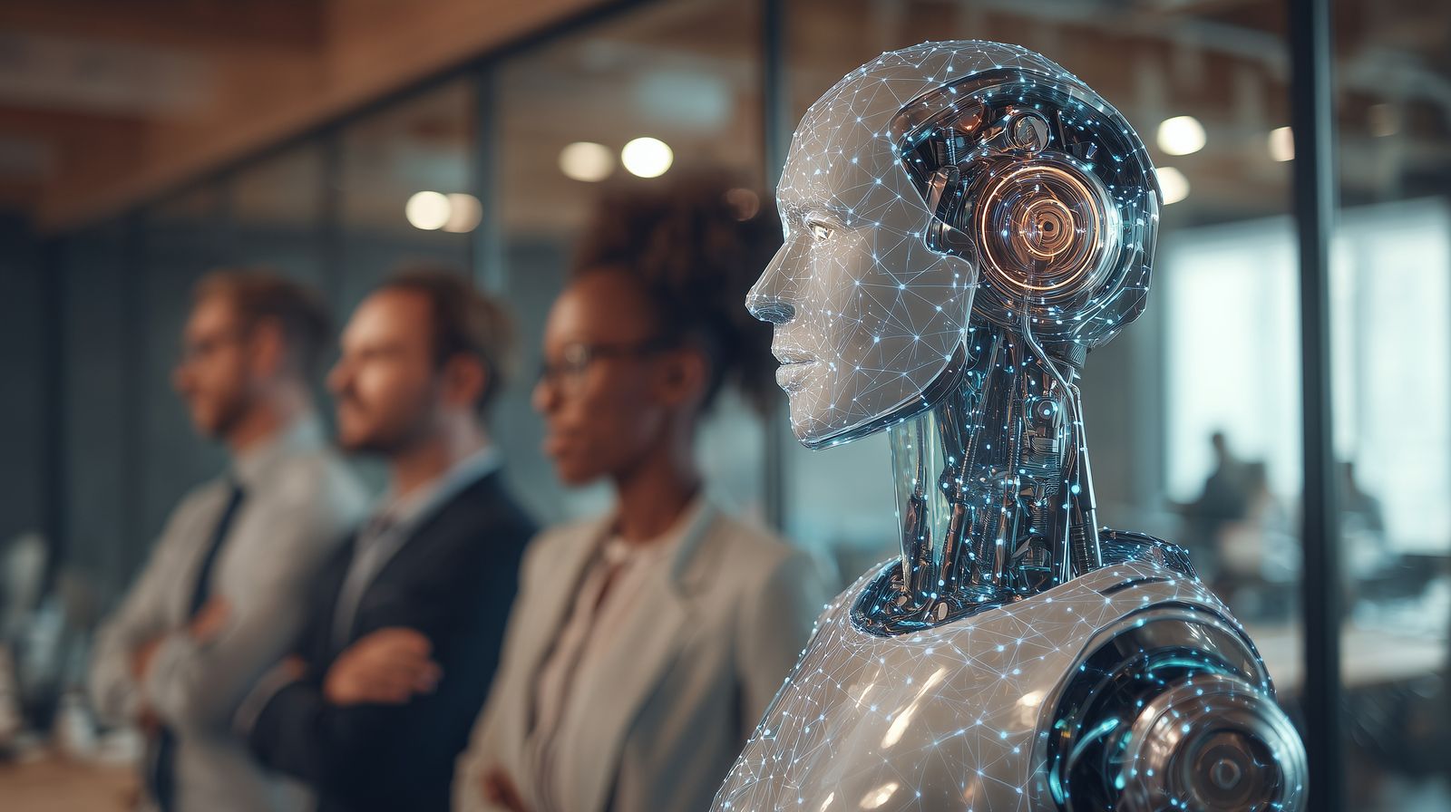 A team standing beside a humanoid AI figure in an office