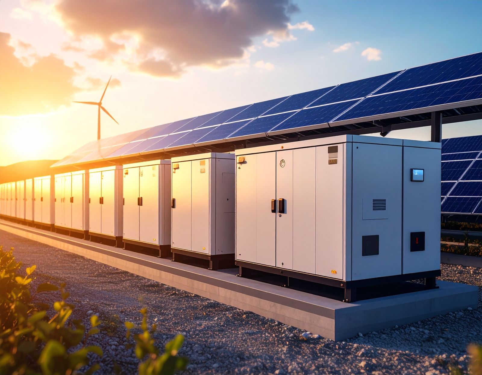 Battery storage cabinets beside a solar array at sunset