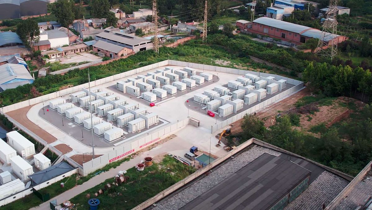 Aerial view of a battery energy storage yard